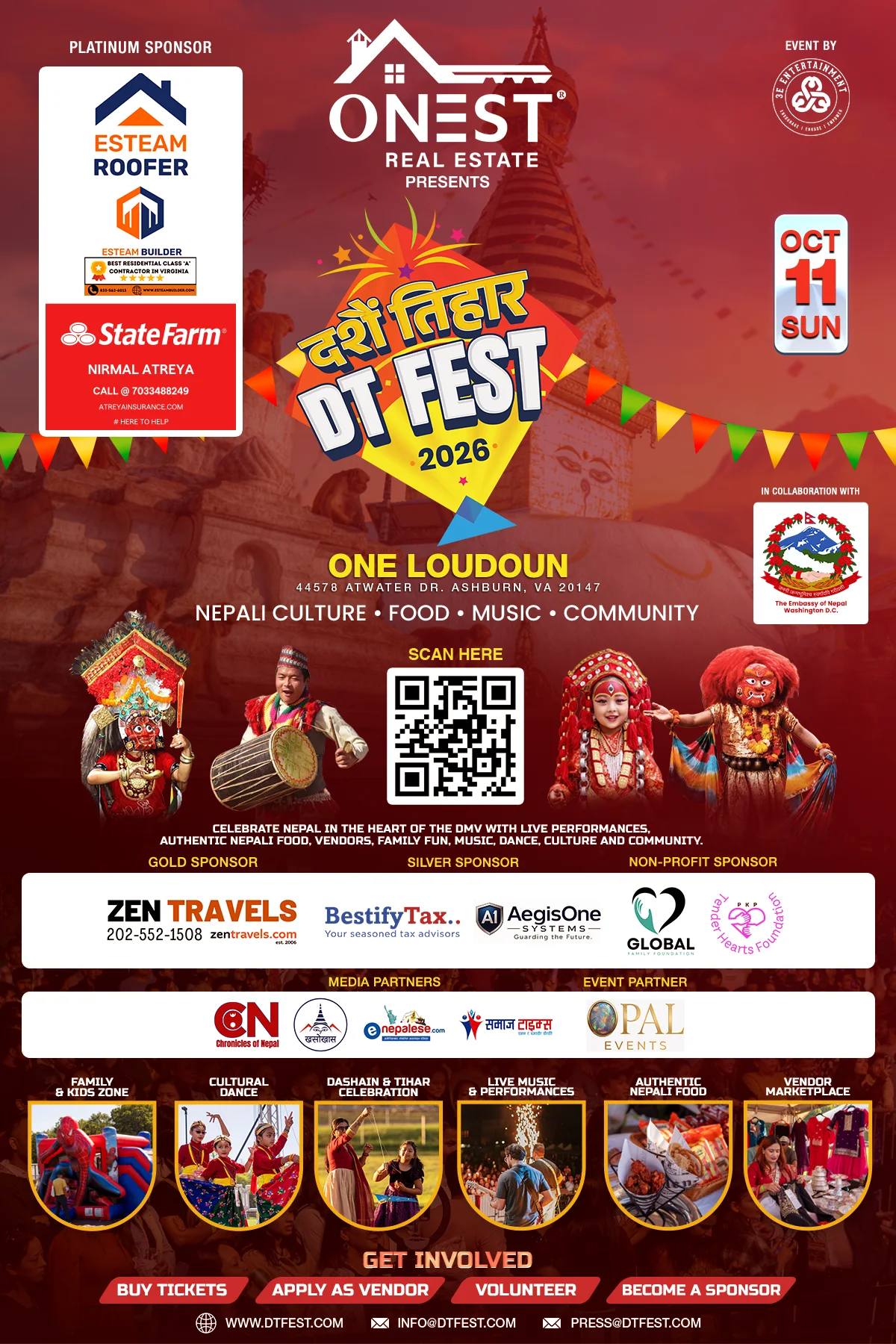 DT Fest 2026 flyer: Dashain and Tihar festival at One Loudoun, Ashburn VA, Sunday October 11, 2026, presented by ONEST Real Estate.